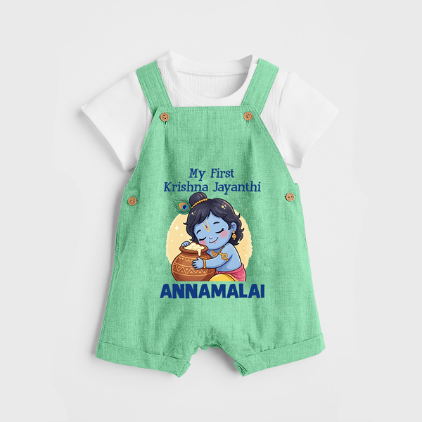 My First Krishna Janmashtami Sweet Krishna Celebration Print Dungaree - GREEN - 0 - 5 Months Old (Chest 18")