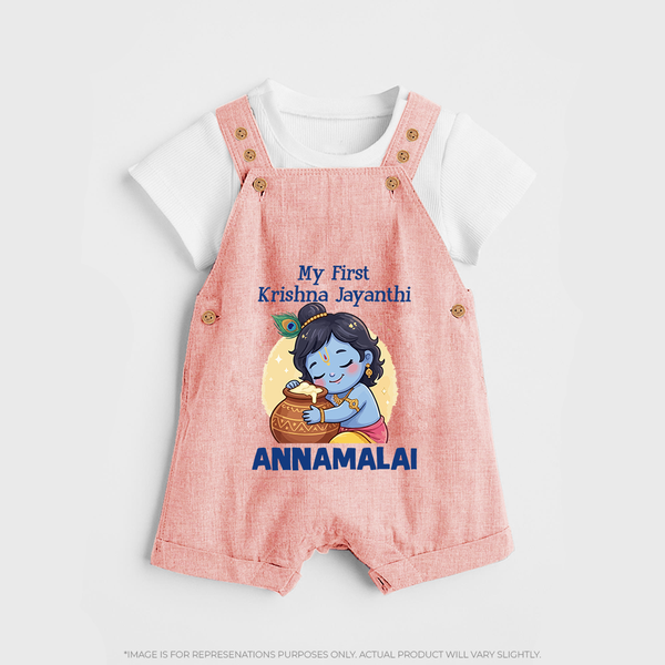 My First Krishna Janmashtami Sweet Krishna Celebration Print Dungaree - PEACH - 0 - 5 Months Old (Chest 18")