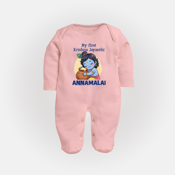 My First Krishna Janmashtami Sweet Krishna Celebration Print Fullbody suit - BABY PINK - New Born (Chest 7.5")