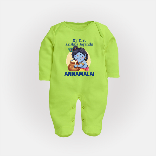 My First Krishna Janmashtami Sweet Krishna Celebration Print Fullbody suit - LIME GREEN - New Born (Chest 7.5")