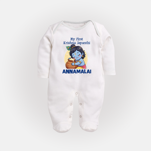 My First Krishna Janmashtami Sweet Krishna Celebration Print Fullbody suit - WHITE - New Born (Chest 7.5")