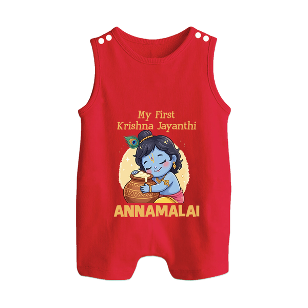 My First Krishna Janmashtami Sweet Krishna Celebration Print Button Romper - RED - New Born (Chest 18")