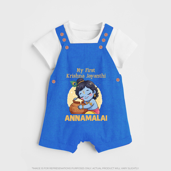 My First Krishna Janmashtami Sweet Krishna Celebration Print Dungaree - COBALT BLUE - 0 - 5 Months Old (Chest 18")