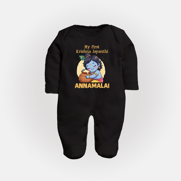 My First Krishna Janmashtami Sweet Krishna Celebration Print Fullbody suit - BLACK - New Born (Chest 7.5")