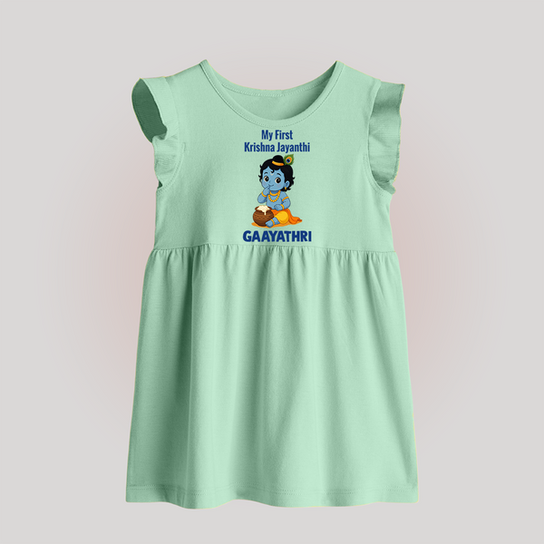 My First Krishna Janmashtami Baby Kanha Festive Print Baby Frock - MINT GREEN - 0 - 3 Months Old (Chest 17")