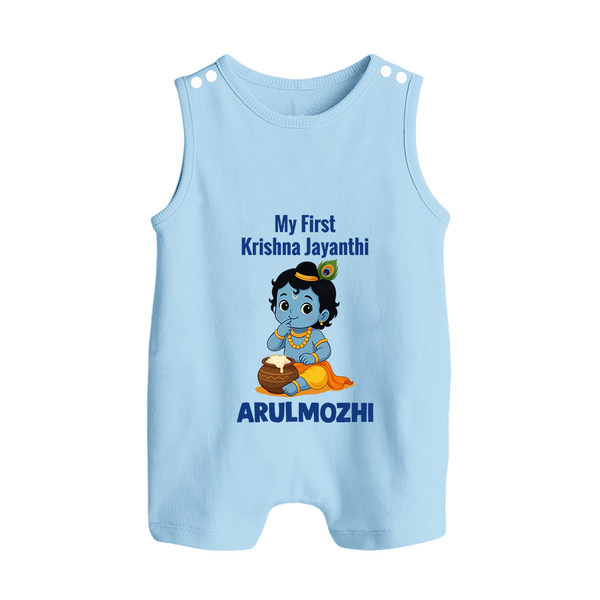 My First Krishna Janmashtami Baby Kanha Festive Print Button Romper - BABY BLUE - New Born (Chest 18")