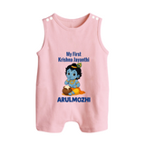 My First Krishna Janmashtami Baby Kanha Festive Print Button Romper - BABY PINK - New Born (Chest 18")