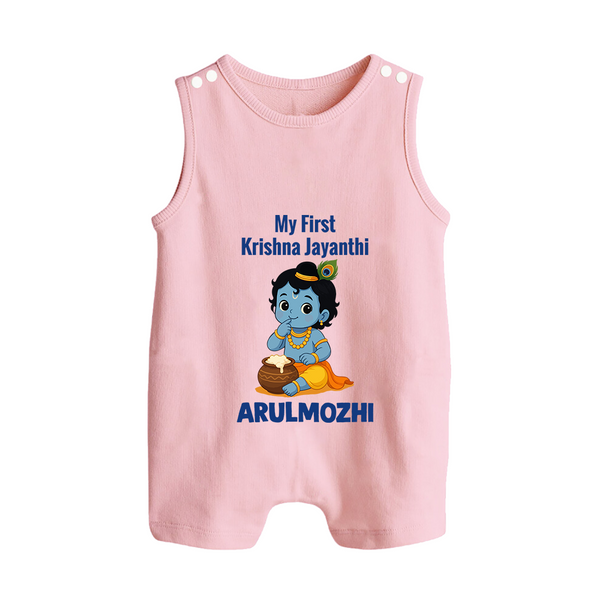 My First Krishna Janmashtami Baby Kanha Festive Print Button Romper - BABY PINK - New Born (Chest 18")