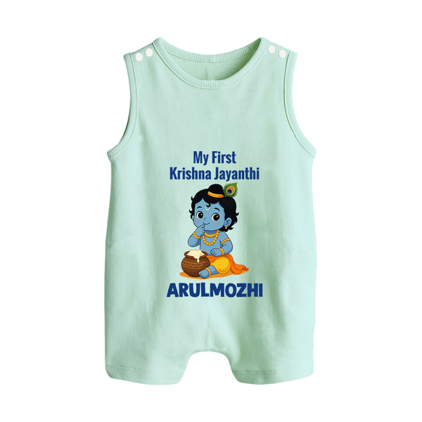 My First Krishna Janmashtami Baby Kanha Festive Print Button Romper - MINT GREEN - New Born (Chest 18")