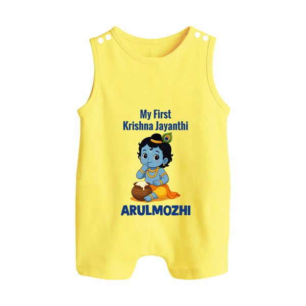 My First Krishna Janmashtami Baby Kanha Festive Print Button Romper - PASTEL YELLOW - New Born (Chest 18")
