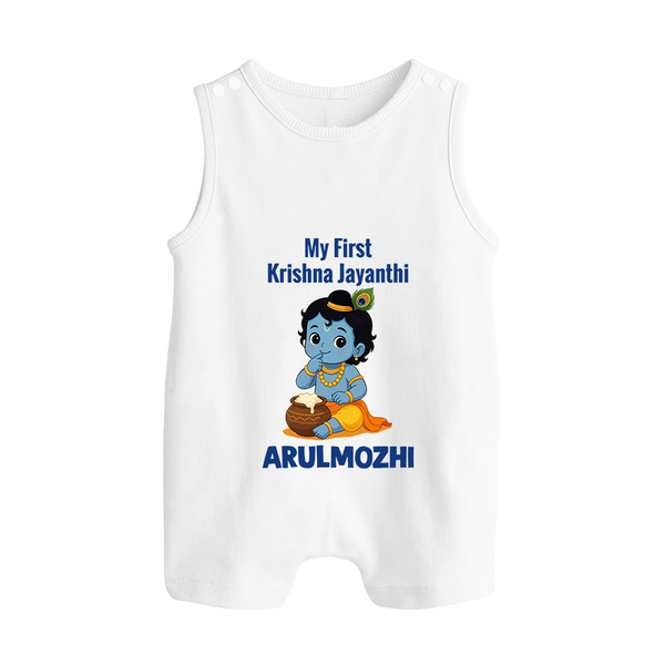 My First Krishna Janmashtami Baby Kanha Festive Print Button Romper - WHITE - New Born (Chest 18")
