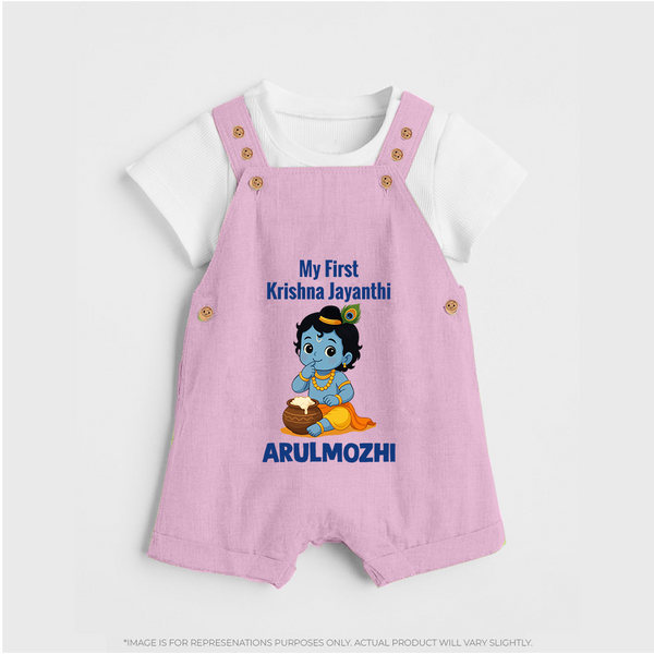 My First Krishna Janmashtami Baby Kanha Festive Print Dungaree - BABY PINK - 0 - 5 Months Old (Chest 18")