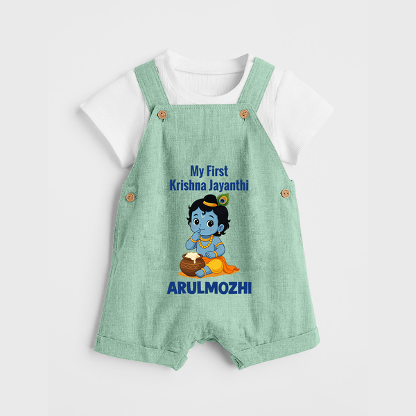 My First Krishna Janmashtami Baby Kanha Festive Print Dungaree - MINT GREEN - 0 - 5 Months Old (Chest 18")