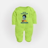 My First Krishna Janmashtami Baby Kanha Festive Print Fullbody suit - LIME GREEN - New Born (Chest 7.5")