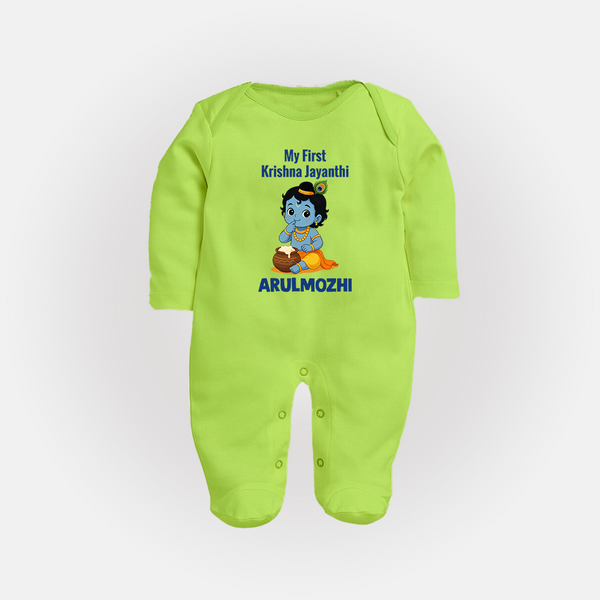 My First Krishna Janmashtami Baby Kanha Festive Print Fullbody suit - LIME GREEN - New Born (Chest 7.5")