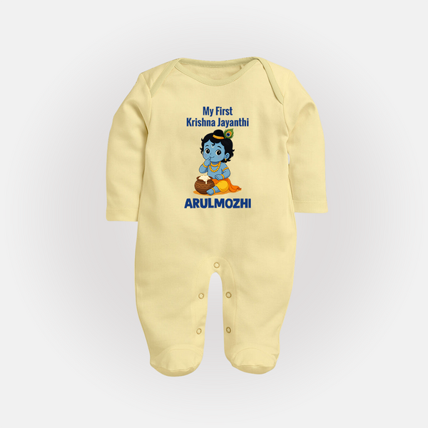 My First Krishna Janmashtami Baby Kanha Festive Print Fullbody suit - PASTEL YELLOW - New Born (Chest 7.5")