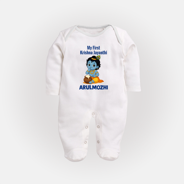 My First Krishna Janmashtami Baby Kanha Festive Print Fullbody suit - WHITE - New Born (Chest 7.5")