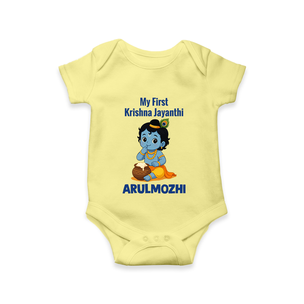 My First Krishna Janmashtami Baby Kanha Festive Print Romper - PASTEL YELLOW - New Born (Chest 14")