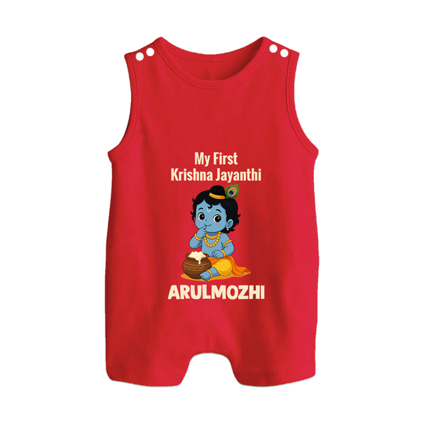 My First Krishna Janmashtami Baby Kanha Festive Print Button Romper - RED - New Born (Chest 18")