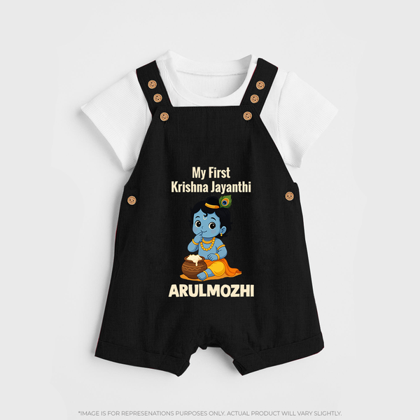 My First Krishna Janmashtami Baby Kanha Festive Print Dungaree - BLACK - 0 - 5 Months Old (Chest 18")