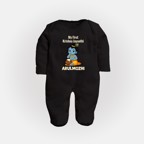 My First Krishna Janmashtami Baby Kanha Festive Print Fullbody suit - BLACK - New Born (Chest 7.5")
