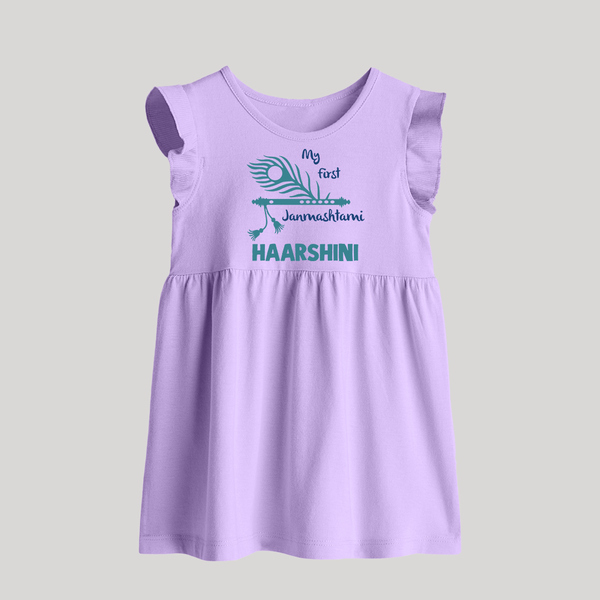 My First Janmashtami Peacock Feather Krishna Print Baby Frock - LILAC - 0 - 3 Months Old (Chest 17")