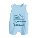 My First Janmashtami Peacock Feather Krishna Print Button RomperSet - BABY BLUE - New Born (Chest 18")