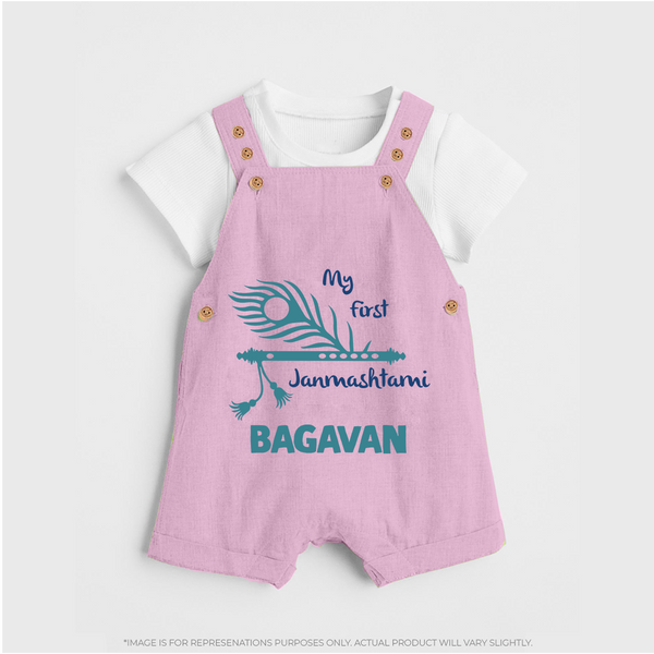 My First Janmashtami Peacock Feather Krishna Print DungareeSet - BABY PINK - 0 - 5 Months Old (Chest 18")
