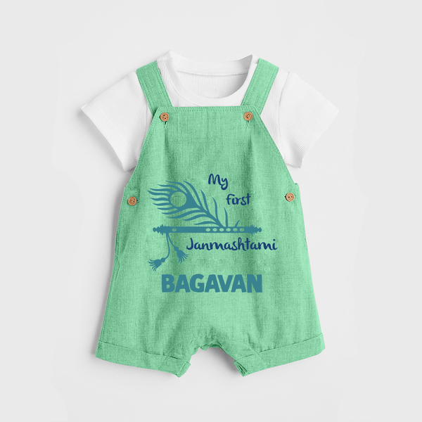 My First Janmashtami Peacock Feather Krishna Print DungareeSet - GREEN - 0 - 5 Months Old (Chest 18")