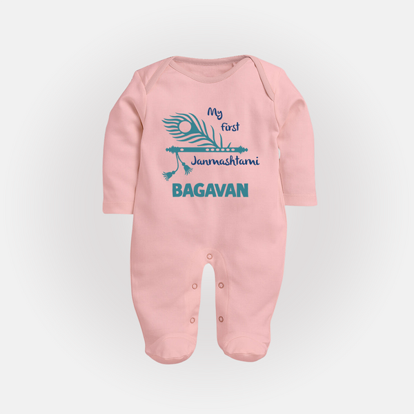 My First Janmashtami Peacock Feather Krishna Print Fullbody suit - BABY PINK - New Born (Chest 7.5")