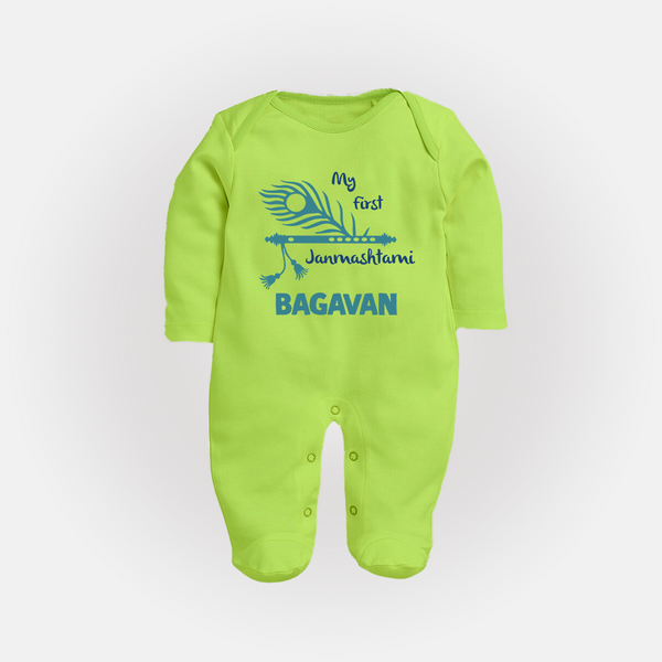 My First Janmashtami Peacock Feather Krishna Print Fullbody suit - LIME GREEN - New Born (Chest 7.5")