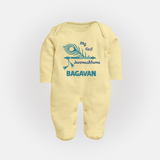 My First Janmashtami Peacock Feather Krishna Print Fullbody suit - PASTEL YELLOW - New Born (Chest 7.5")