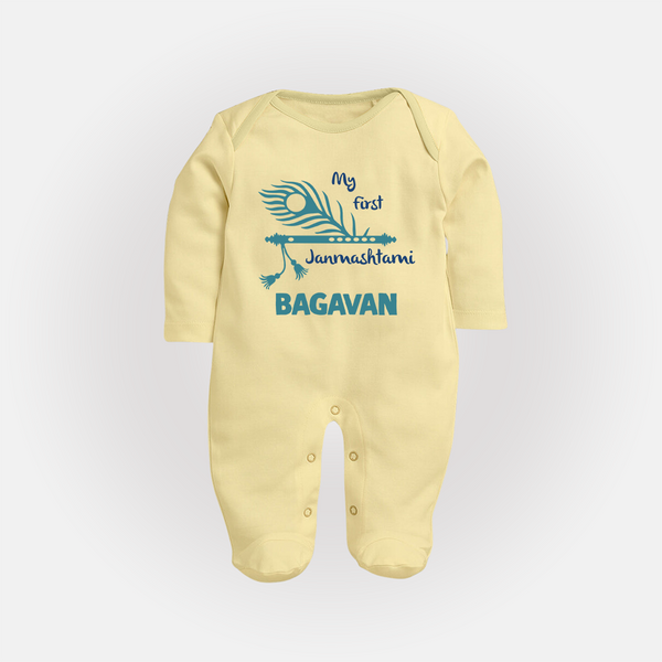 My First Janmashtami Peacock Feather Krishna Print Fullbody suit - PASTEL YELLOW - New Born (Chest 7.5")