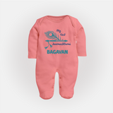 My First Janmashtami Peacock Feather Krishna Print Fullbody suit - PEACH - New Born (Chest 7.5")