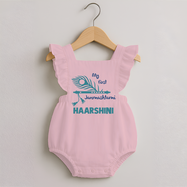 My First Janmashtami Peacock Feather Krishna Print Romper Frock - BABY PINK - 0 - 3 Months Old (Chest 19")