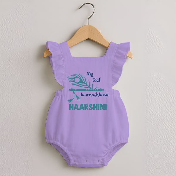 My First Janmashtami Peacock Feather Krishna Print Romper Frock - LILAC - 0 - 3 Months Old (Chest 19")