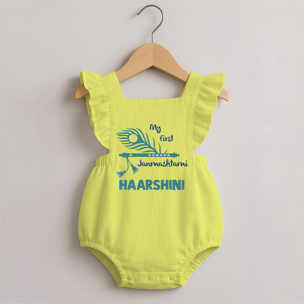My First Janmashtami Peacock Feather Krishna Print Romper Frock - PASTEL YELLOW - 0 - 3 Months Old (Chest 19")