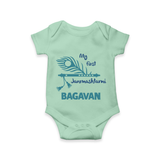 My First Janmashtami Peacock Feather Krishna Print RomperSet - MINT GREEN - New Born (Chest 14")