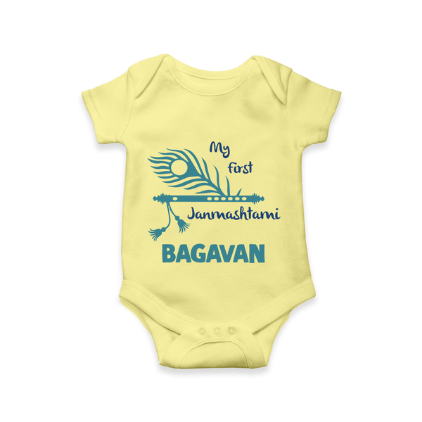 My First Janmashtami Peacock Feather Krishna Print RomperSet - PASTEL YELLOW - New Born (Chest 14")