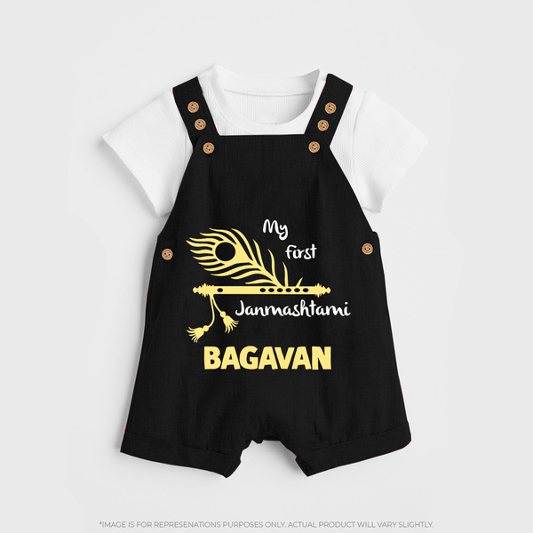 My First Janmashtami Peacock Feather Krishna Print DungareeSet - BLACK - 0 - 5 Months Old (Chest 18")