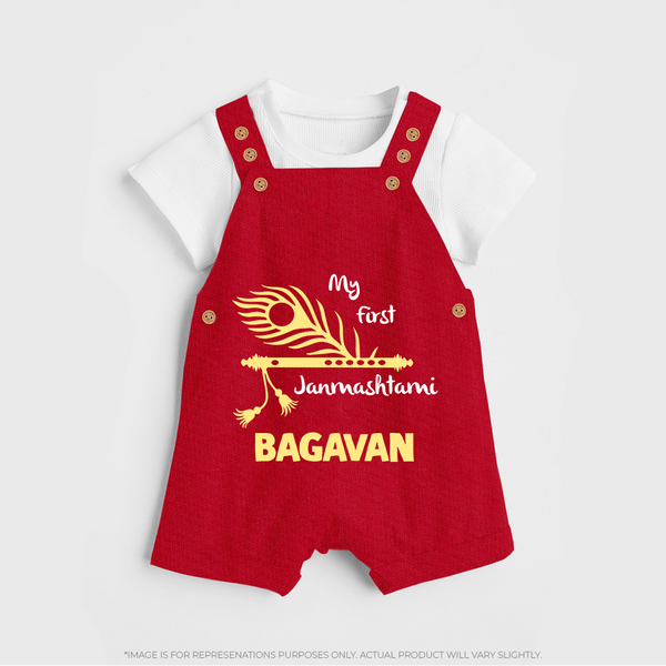 My First Janmashtami Peacock Feather Krishna Print DungareeSet - RED - 0 - 5 Months Old (Chest 18")