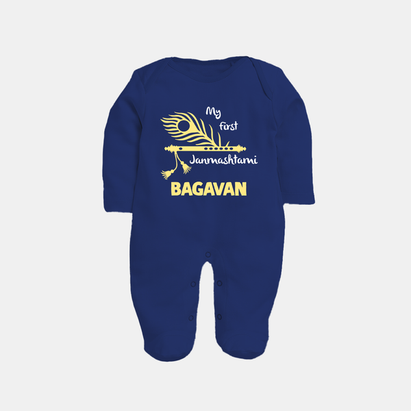 My First Janmashtami Peacock Feather Krishna Print Fullbody suit - NAVY BLUE - New Born (Chest 7.5")