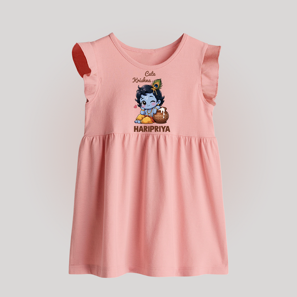 Cute Krishna Makhan Matki Print Baby Frock - BABY PINK - 0 - 3 Months Old (Chest 17")