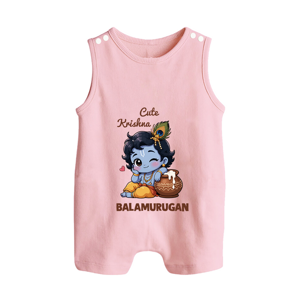 Cute Krishna Makhan Matki Print Button Romper - BABY PINK - New Born (Chest 18")