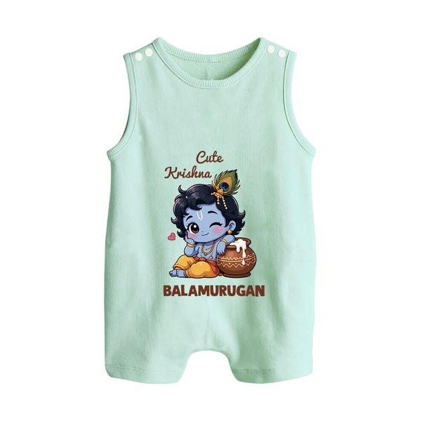 Cute Krishna Makhan Matki Print Button Romper - MINT GREEN - New Born (Chest 18")