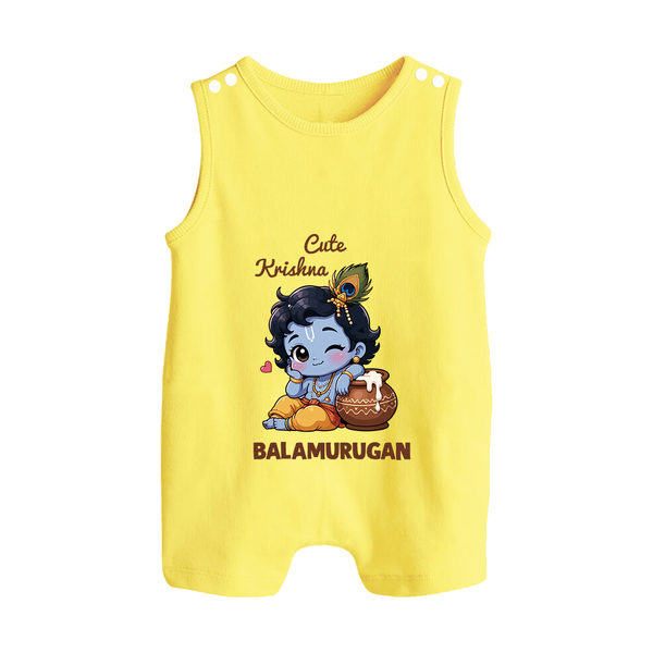 Cute Krishna Makhan Matki Print Button Romper - PASTEL YELLOW - New Born (Chest 18")