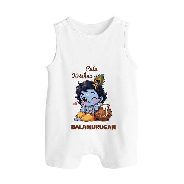Cute Krishna Makhan Matki Print Button Romper - WHITE - New Born (Chest 18")