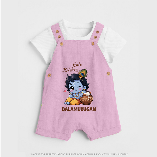 Cute Krishna Makhan Matki Print Dungaree - BABY PINK - 0 - 5 Months Old (Chest 18")