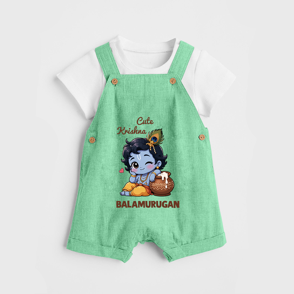 Cute Krishna Makhan Matki Print Dungaree - GREEN - 0 - 5 Months Old (Chest 18")