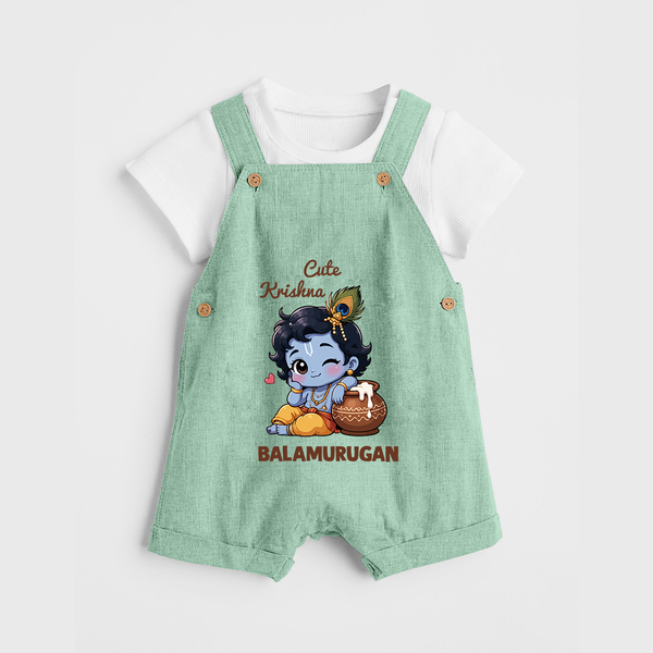 Cute Krishna Makhan Matki Print Dungaree - MINT GREEN - 0 - 5 Months Old (Chest 18")